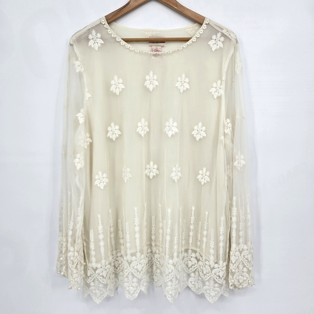 Toffee Apple Sheer Embroidered Overlay Pearl Top Boho Chic Cottagecore Size XXL